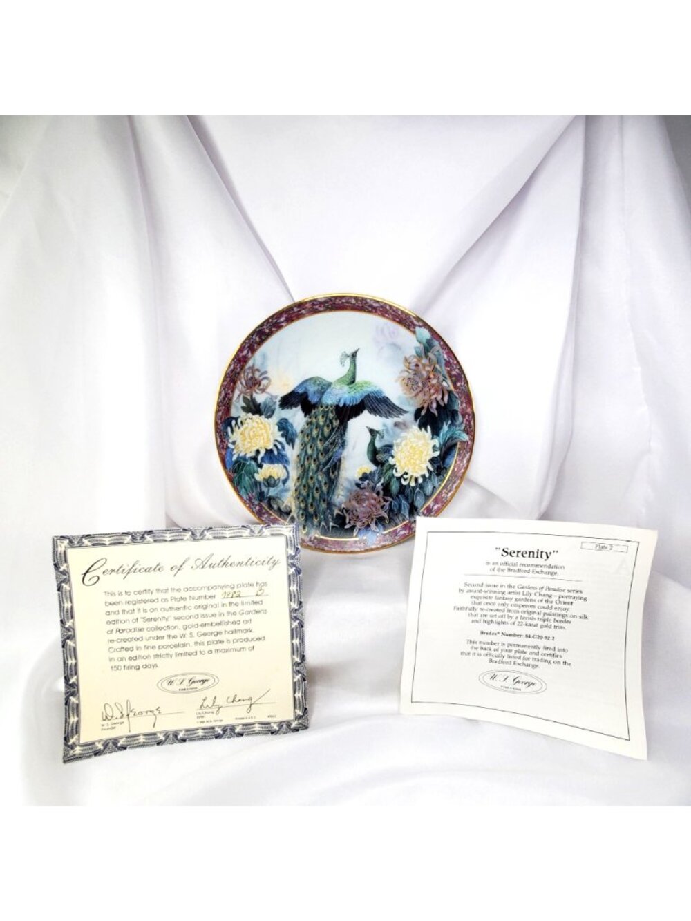 Serenity By Lily Chang Gardens Of Paradise Plate Peacocks Chrysanthemum 1992 COA - Picture 2 of 12